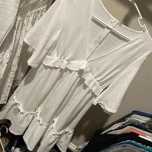 White casual ruffle front dress